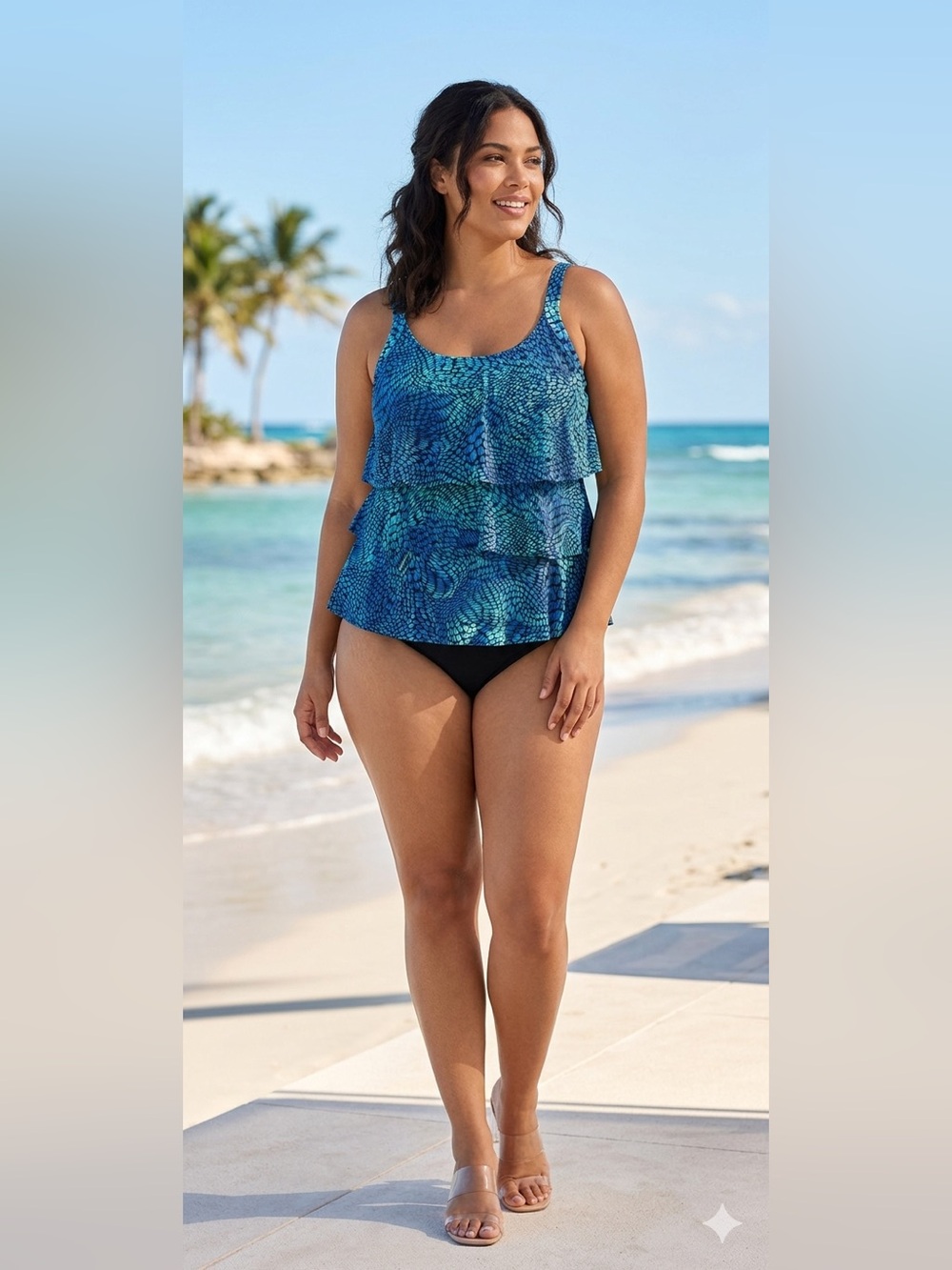 Del Rey Blue Teal Mosaic Tiered Tankini Top - Plus Size 24W